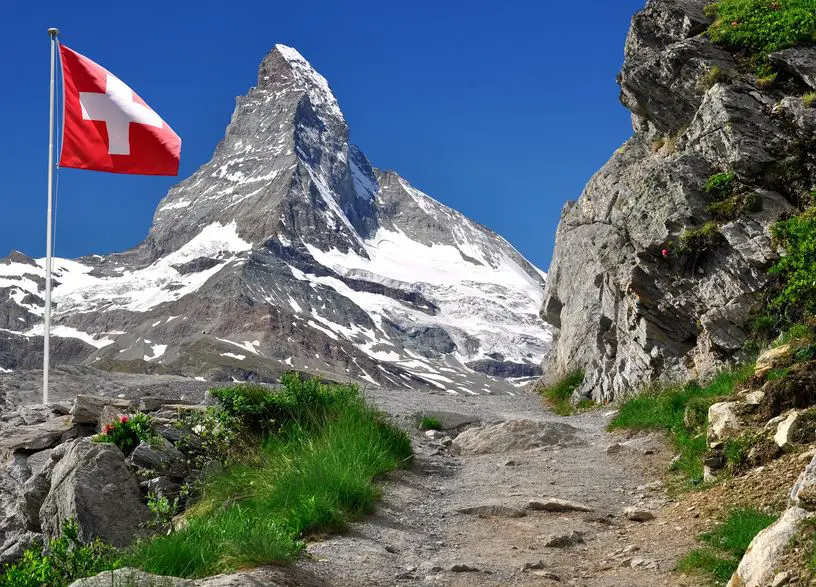 8277453 - beautiful mountain matterhorn with swiss flag - swiss alps